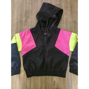 Forever 21 Girls Black & Neon‎ Pink & Green Colorblock Windbreaker Jacket 9/10
